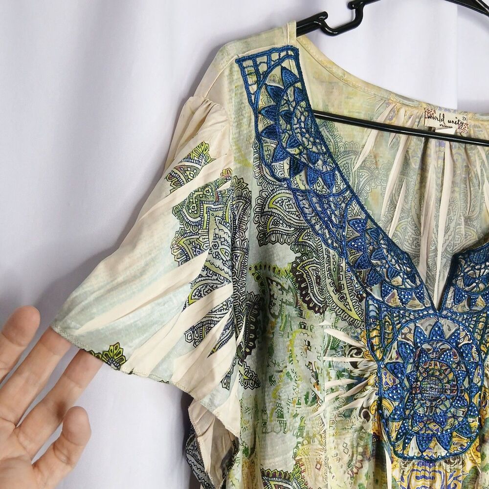 World Unity Embellished Blouse Short Slv Floral Paisley Tunic Top Boho Womens 2X - Picture 3 of 7